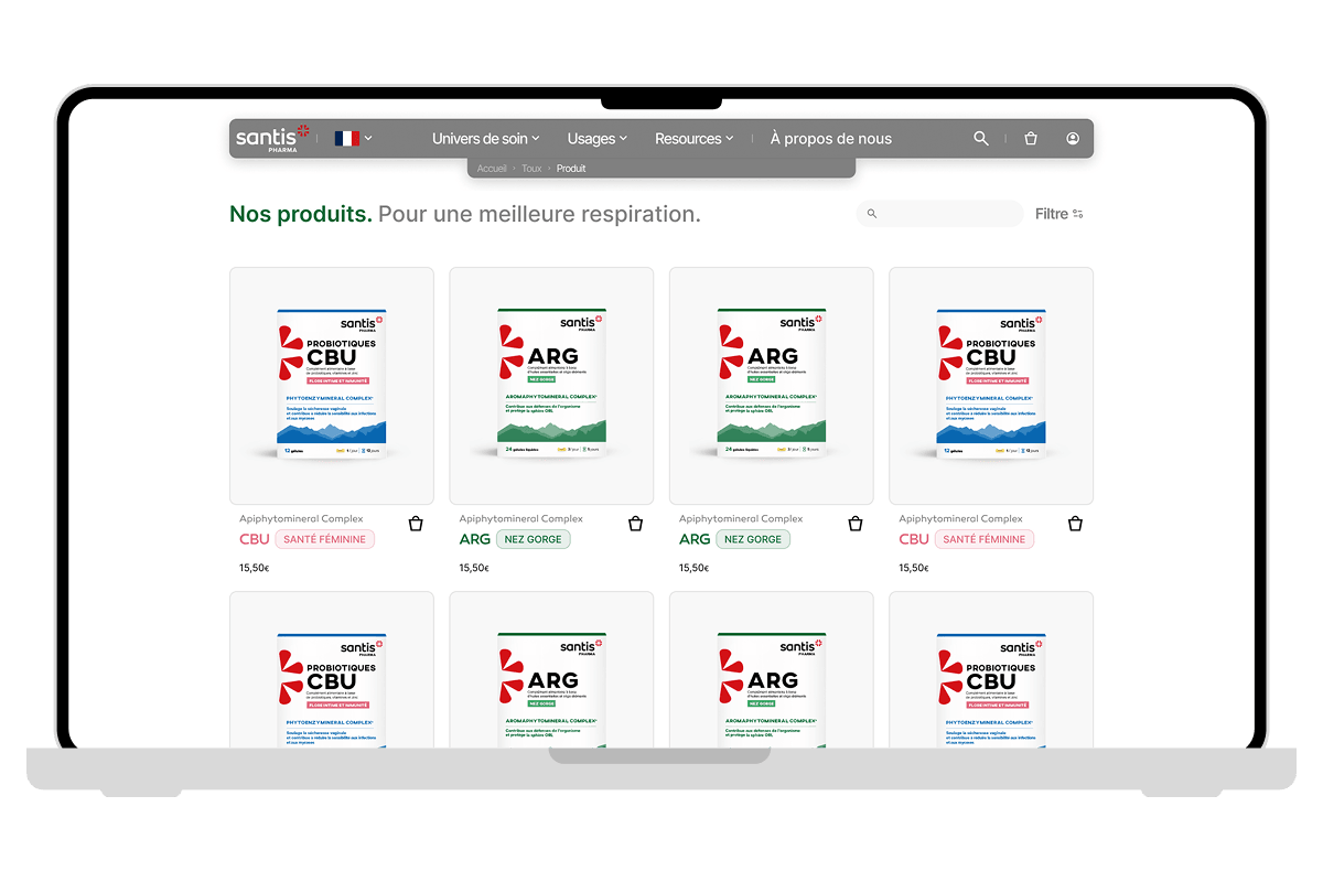 Mockup of the product catalogue on desktop of the Santis Pharma website