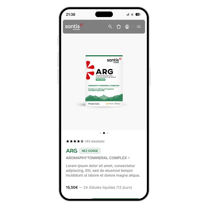 Mockup of a product page on mobile of the Santis Pharma website