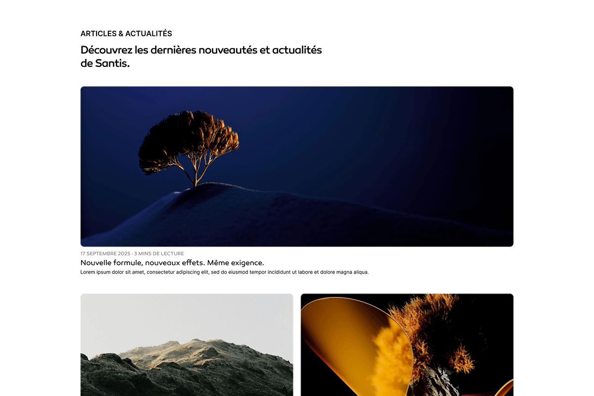 Mockup of the Articles and news section of the Santis Pharma website