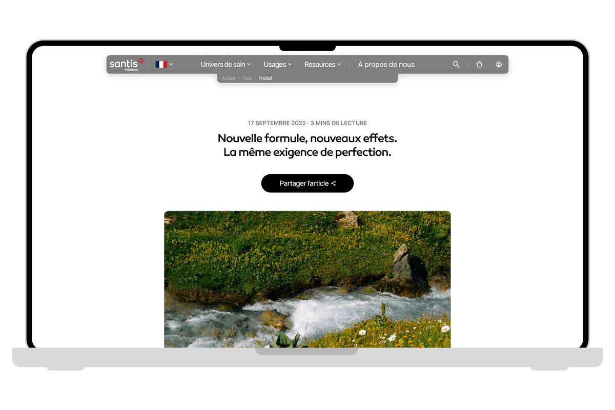 Mockup of an article on desktop of the Santis Pharma website
