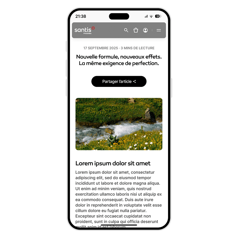 Mockup of an article on mobile of the Santis Pharma website