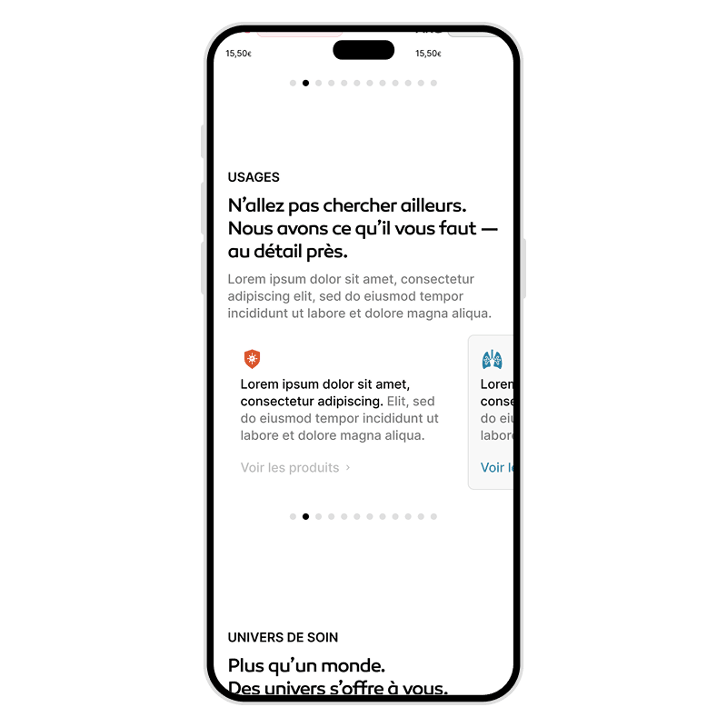 Mobile mockup of the Uses and Care worlds sections of the Santis Pharma website