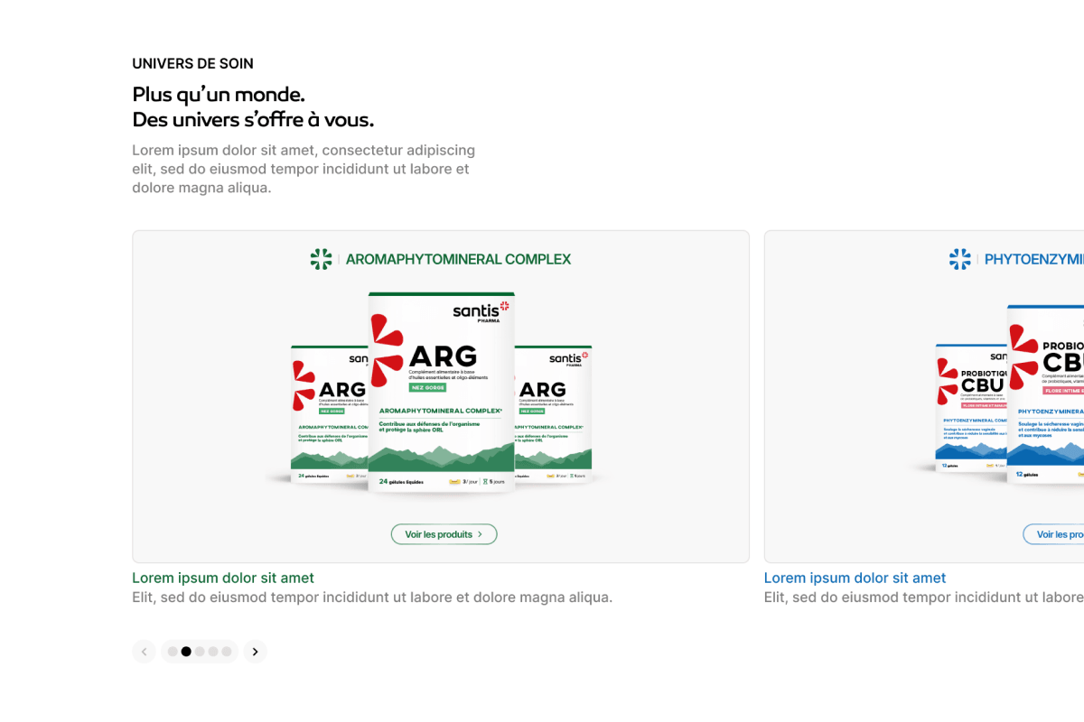 Mockup of the Care worlds section, as a carousel of the Santis Pharma website