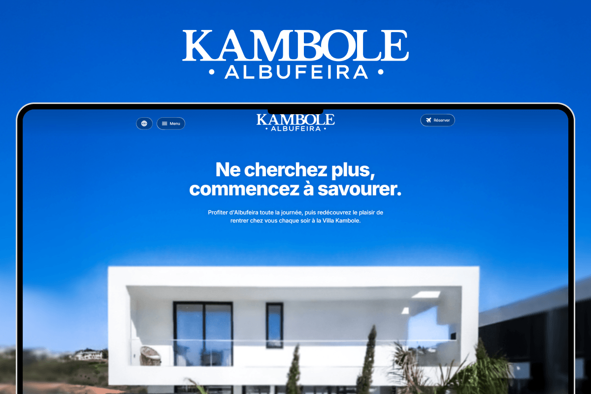 The Villa Kambole homepage on a laptop, below the Kambole Albufeira logo