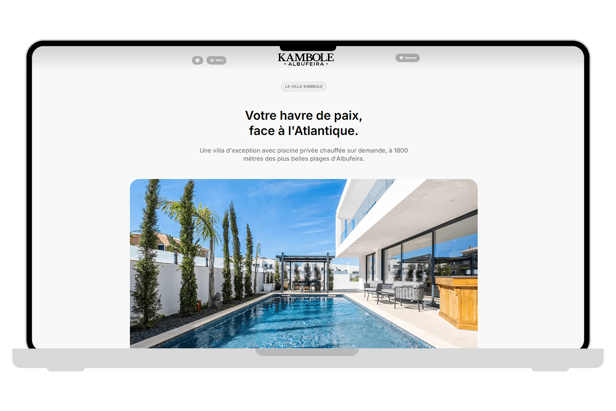 “Your haven of peace, facing the Atlantic” section with the villa’s pool, on desktop