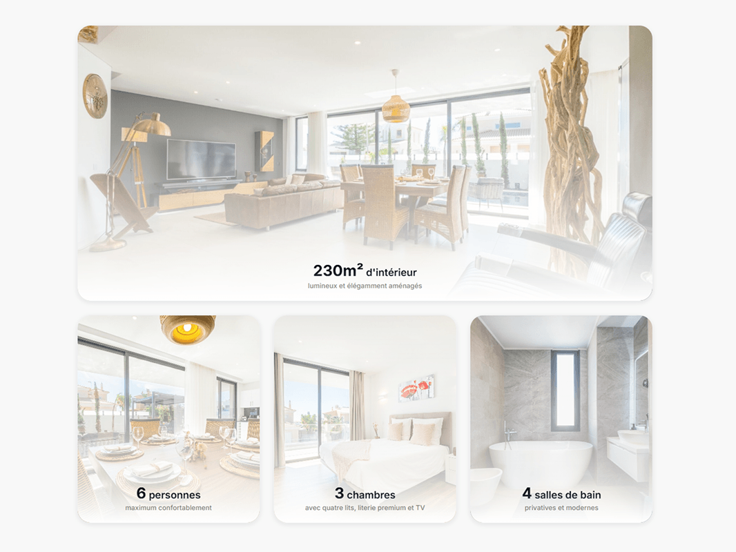 Key figures for the villa: 230 m², 6 guests, 3 bedrooms and 4 bathrooms