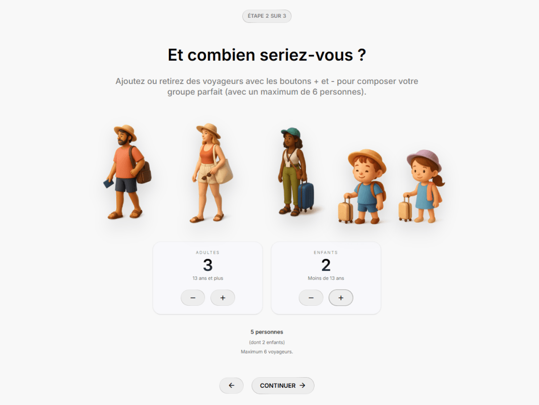 Live booking step: choosing the number of adults and children