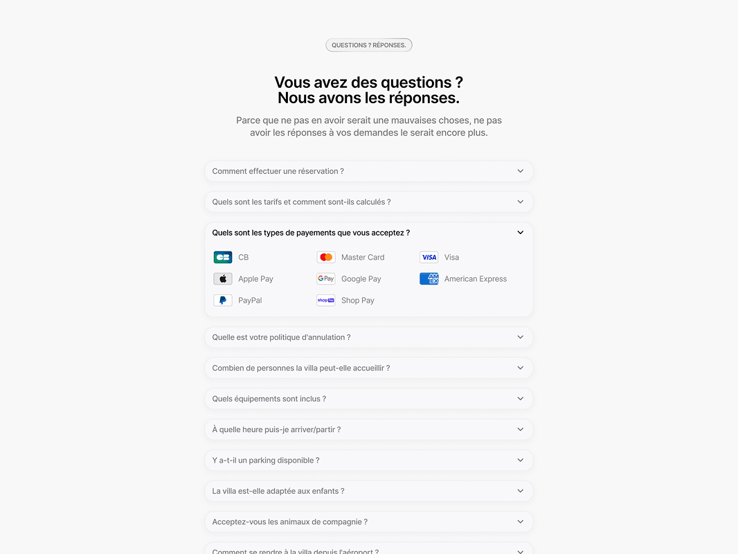 Figma mockup of the Villa Kambole FAQ