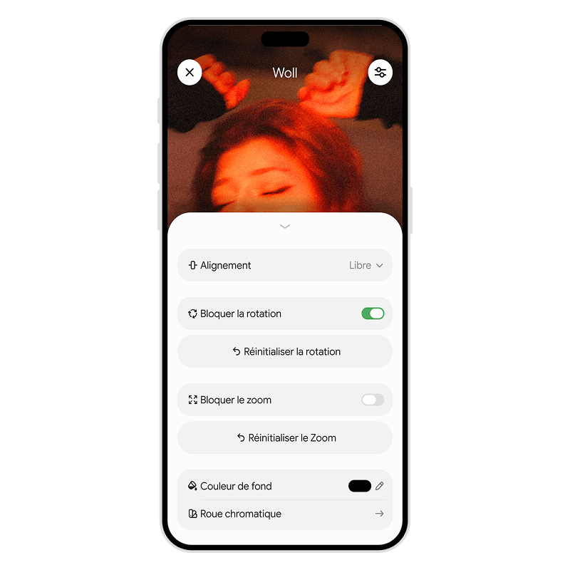 Wallpaper settings in Woll: alignment, rotation, zoom and background colour