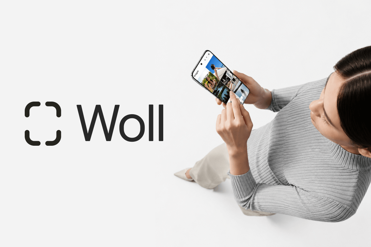 The Woll logo next to a person holding a phone showing the app